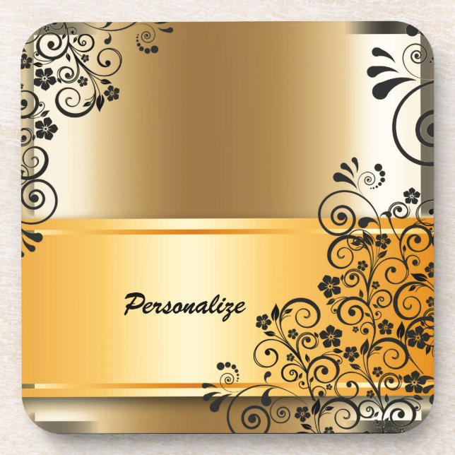 Vintage Elegant Gold Banner Black Personalised Coaster (Front)