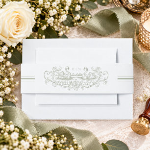 Vintage Elegant Green Crest Garden Wedding Invitation Belly Band