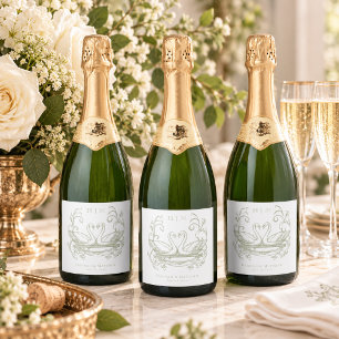 Vintage Elegant Green Swan Crest Garden Wedding Sparkling Wine Label
