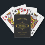 Vintage Elegant Groomsmen Victorian Art Black Gold Playing Cards<br><div class="desc">Celebrate your special day with this exquisite Victorian era-inspired Playing Card Groomsmen Gifts, the perfect blend of classic elegance and contemporary flair. These meticulously designed playing cards are more than just a deck; they are a customised, personalised gift that adds a touch of sophistication to weddings, bachelor parties, engagement parties,...</div>