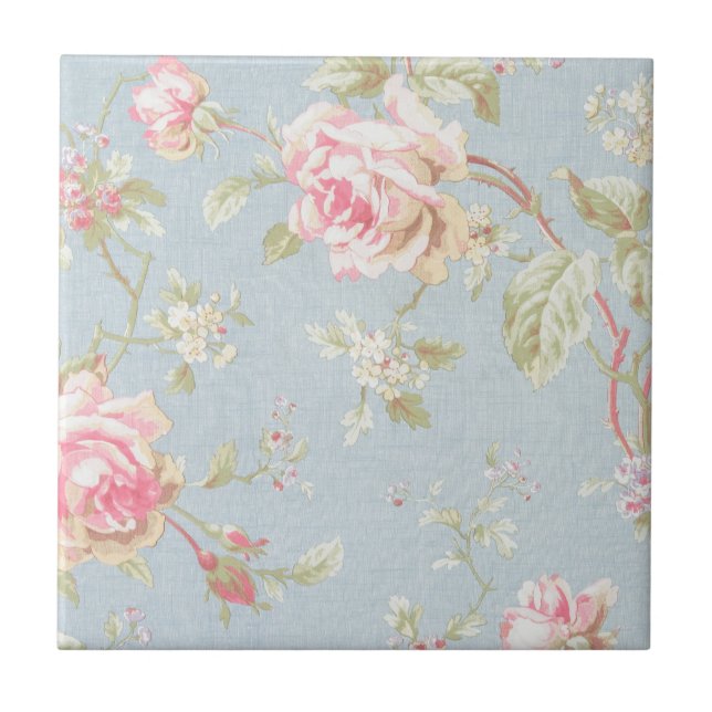 vintage elegant , light blue, pink, roses pattern tile (Front)