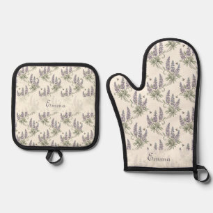 Vintage Elegant Lupine & Bees Botanical Pattern –  Oven Mitt & Pot Holder Set