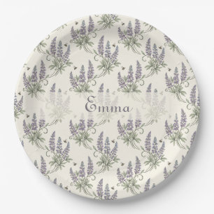 Vintage Elegant Lupine & Bees Botanical Pattern – Paper Plate