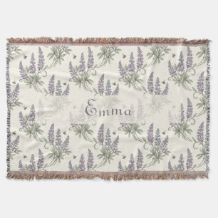 Vintage Elegant Lupine & Bees Botanical Pattern – Throw Blanket
