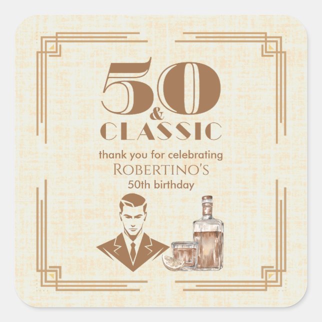 Vintage Elegant Men's Whiskey 50th Birthday Square Sticker (Front)