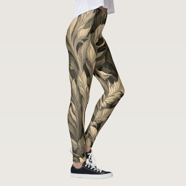 Vintage Elegant Monochrome Beige Botanical Pattern Leggings (Right)