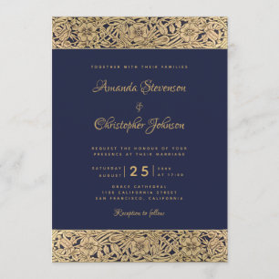 Vintage Elegant Navy Blue Gold Wild Roses Wedding Invitation