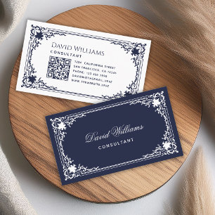 Vintage Elegant Navy Blue White Script and QR Code Business Card