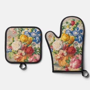 Vintage Elegant Pastel Floral Botanical Wall Art Oven Mitt & Pot Holder Set