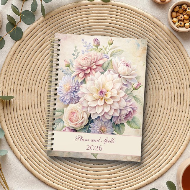 Vintage Elegant Pastel Flowers  Planner (Vintage Elegant Pastel Flowers Planner on a boho table with botanicals and a cup of tea.)