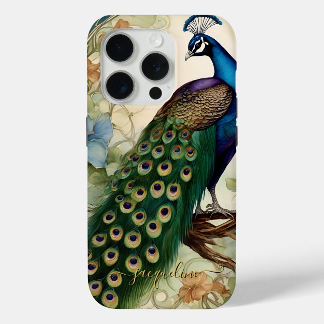 Vintage Elegant Peacock Feathers Art Nouveau Name Case-Mate iPhone Case (Back)
