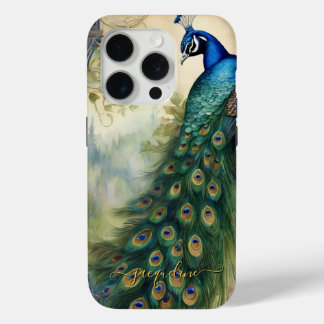 Vintage Elegant Peacock Feathers Art Nouveau Name iPhone 15 Pro Case
