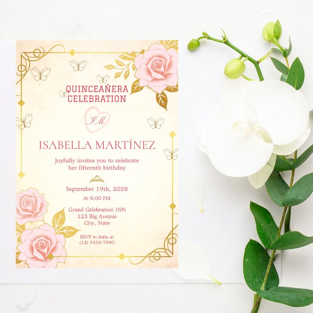 Vintage Elegant Pink Gold Quinceanera Birthday Invitation (Creator Uploaded)