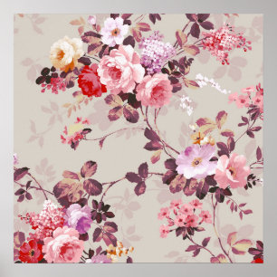 Vintage Elegant Pink Red Purple Roses Pattern Poster