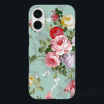 Vintage Elegant Pink Red Roses Pattern iPhone 16 Case<br><div class="desc">Vintage cute girly colourful pink red and white roses.An elegant floral design on a teal green background .It is the perfect romantic gift idea for her on any occasion.</div>