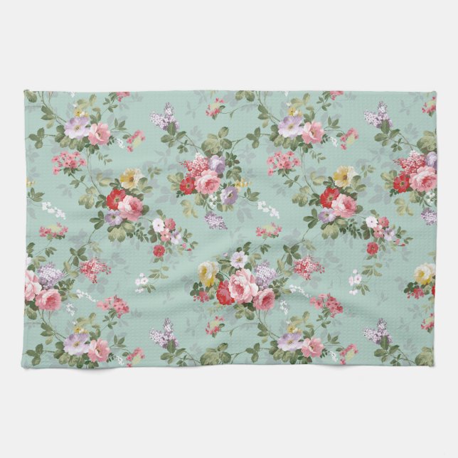 Vintage Elegant Pink Red Roses Pattern Tea Towel (Horizontal)