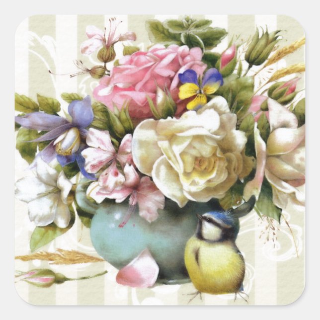 Vintage Elegant Pink Rose Flower Design Square Sticker (Front)