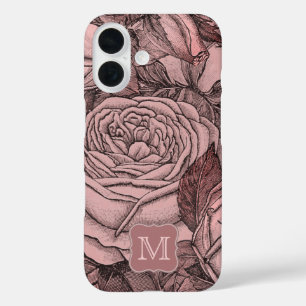 Vintage Elegant Pink Rose Pattern Monogram  iPhone 16 Case