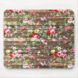 Vintage Elegant Pink Roses Brown Wood Photo Print Mouse Pad