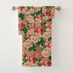 Vintage Elegant Pink Roses Floral Rose Gold Bath Towel Set