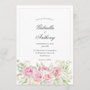 Vintage Elegant Pink Watercolor Roses Wedding Invitation