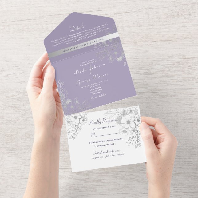 Vintage Elegant Purple Wedding All In One Invitation (Tearaway)