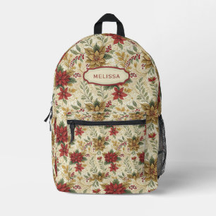 Vintage Elegant Red & Gold Poinsettia Floral Printed Backpack