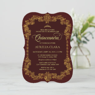 Vintage Elegant Red Gold Tiara Quinceanera Invitation