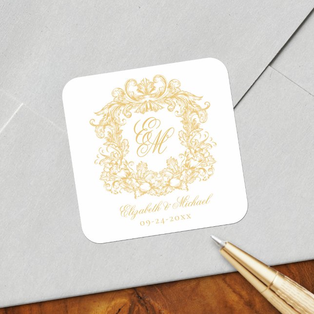 Vintage Elegant Wedding Monogram Crest Gold Square Sticker (Creator Uploaded)