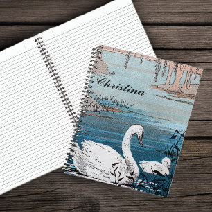 Vintage Elegant White Mother Swan Baby in Lake Notebook