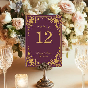 Vintage Elegant Wine Colour Faux Gold Foil Wedding Table Number