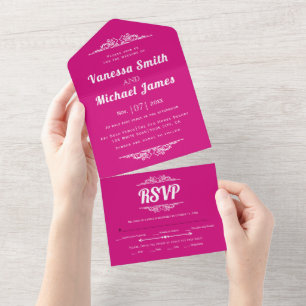 Vintage elements, typography magenta pink wedding all in one invitation