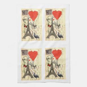 Vintage elephant and red heart balloons tea towel