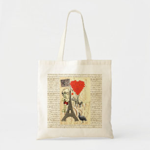 Vintage elephant and red heart balloons tote bag