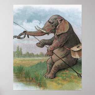 Vintage elephant fisherman fishing poster