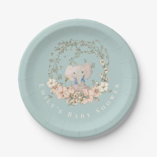 Vintage Elephant Florals Duck Egg Blue Baby Shower Paper Plate