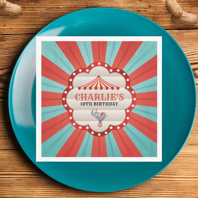 Vintage Elephant in Circus Red & Blue Pattern Napkin (Personalized Birthday Napkins - Circus Theme)