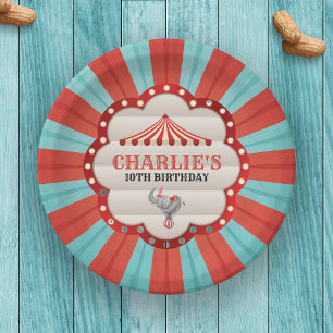 Vintage Elephant in Circus Red & Blue Pattern Paper Plate