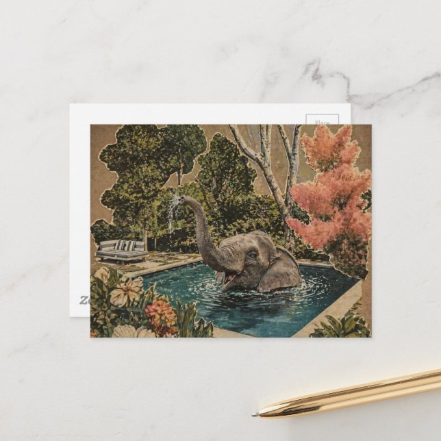 Vintage Elephant in the pool Postcard (Front/Back In Situ)