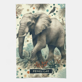 Vintage Elephant Jungle Painting Tea Towel