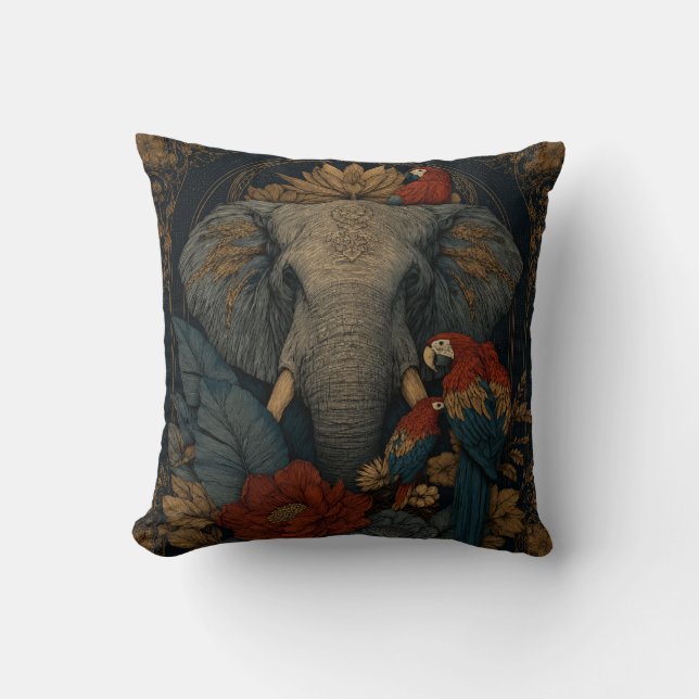 Vintage Elephant & Parrot Botanical Throw Pillow | (Front)