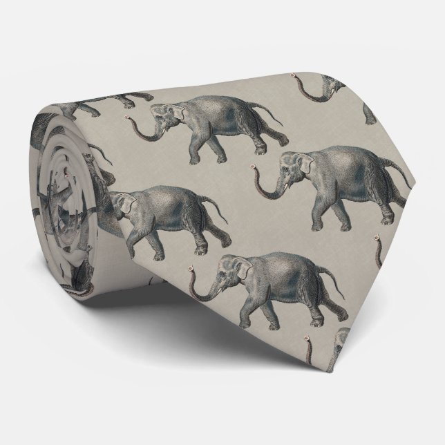 Vintage Elephant Pattern on Beige Linen Tie (Rolled)