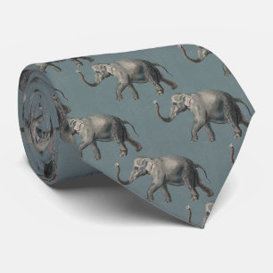 Vintage Elephant Pattern on Blue Linen Tie