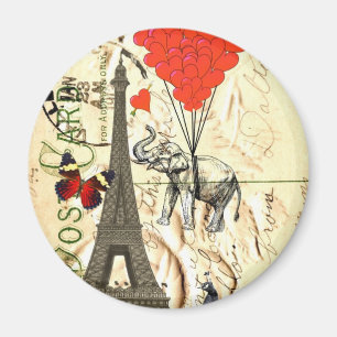 Vintage elephant & red heart balloons magnet