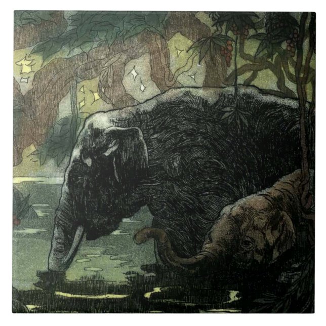 Vintage Elephants In Jungle Ceramic Tile (Front)