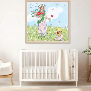 Vintage Elsa Beskow Midsummer Fairy & Little Girl Poster