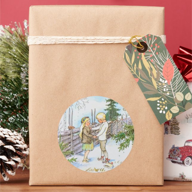 Vintage Elsa Beskow Snow Children  Classic Round Sticker (Holiday)