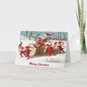 Vintage Elves Bringing the Yule Log Christmas Card