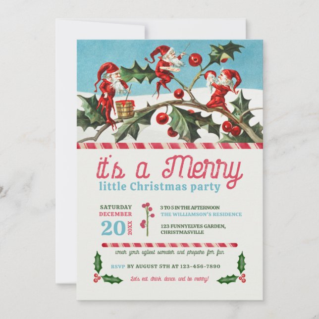 Vintage Elves Christmas Party Invitation (Front)