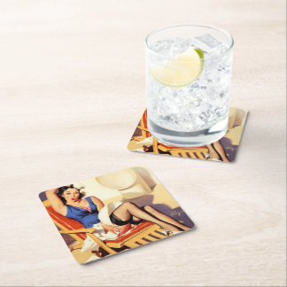 Vintage Elvgren Cruise Ship Retro Pin Up Girl Square Paper Coaster